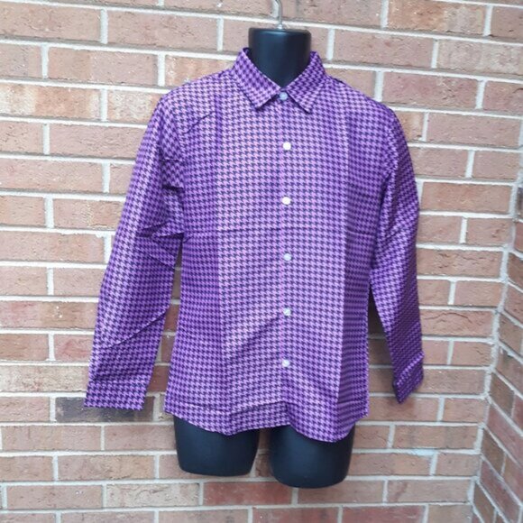 Men's Houndstooth Pattern Bottom Down Long Sleeve Dress Shirt - Size: S - Picture 1 of 9